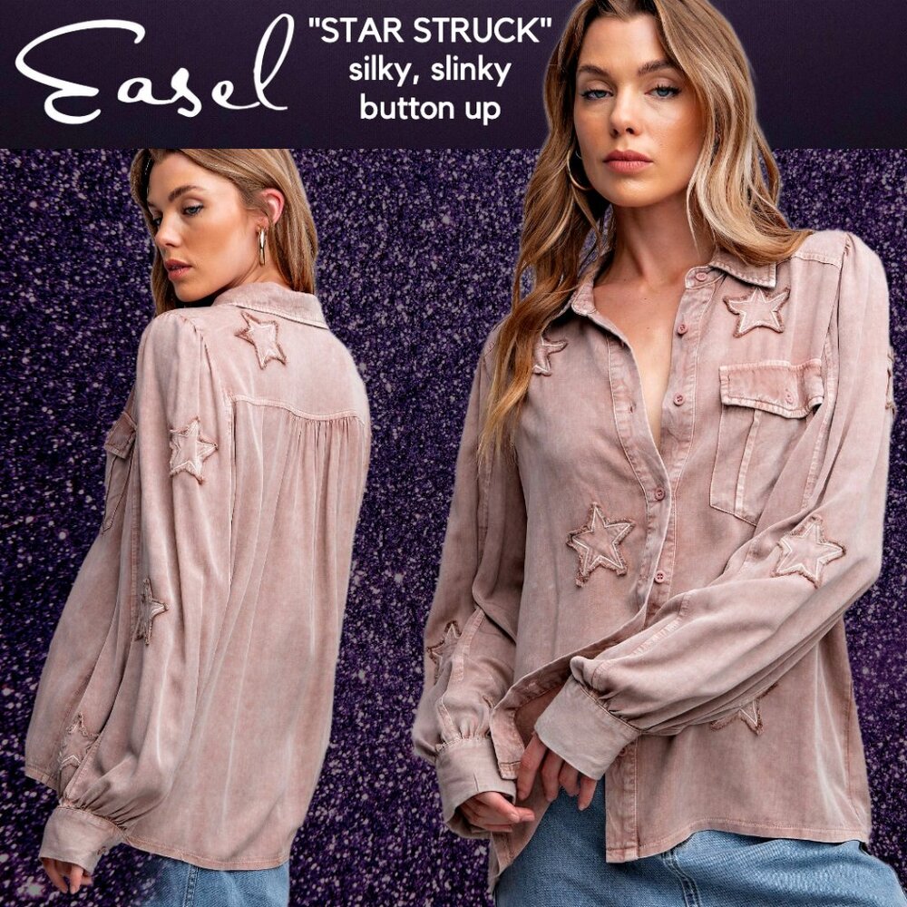EASEL "STAR STRUCK" Super Soft Mineral Wash Lightweight Shirt, Embroidered Stars